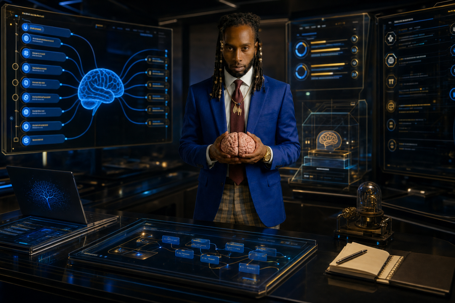 Gray London Skyes in a cinematic AI command room with glowing brain systems and interface walls