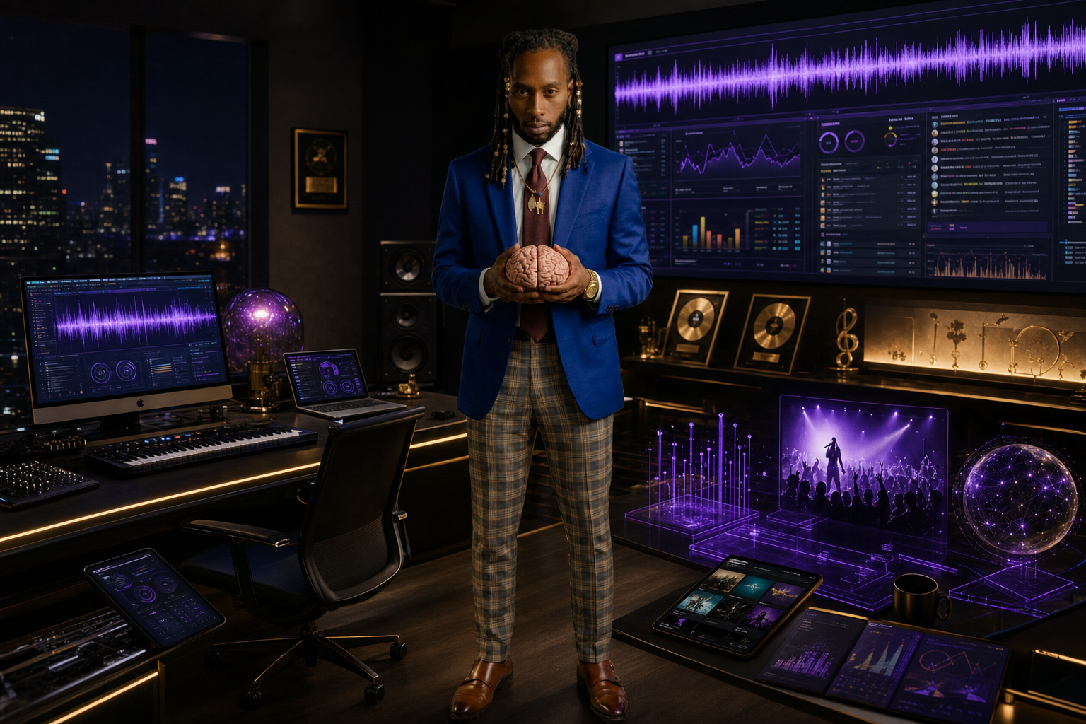 Gray London Skyes inside a SkyeMusicNexus editorial scene with artist tools, waveforms, storefront cues, and fan paths.