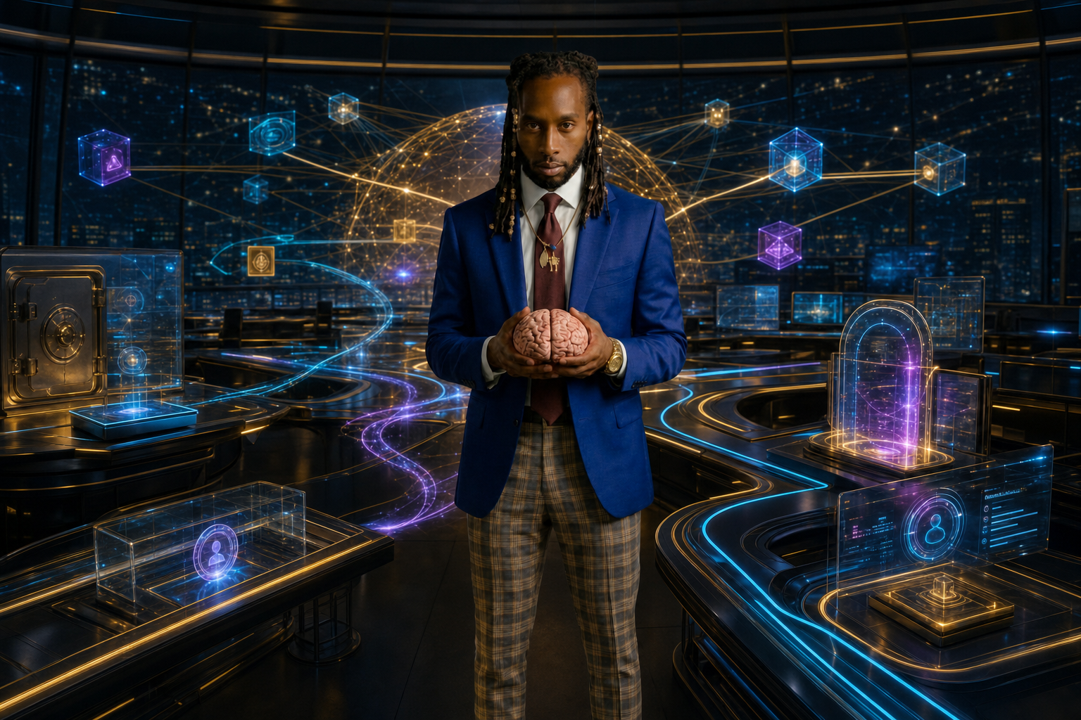 Founder in a cinematic 0S command room with live agent systems, proof panels, and operating dashboards