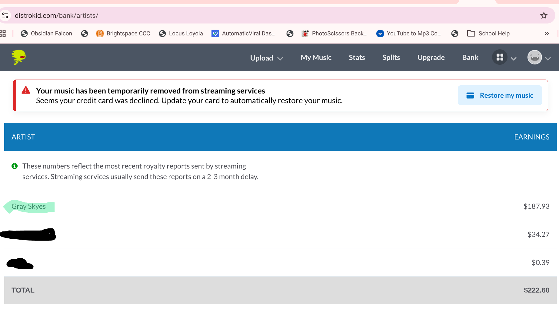 DistroKid bank proof showing removed music notice and earnings totals