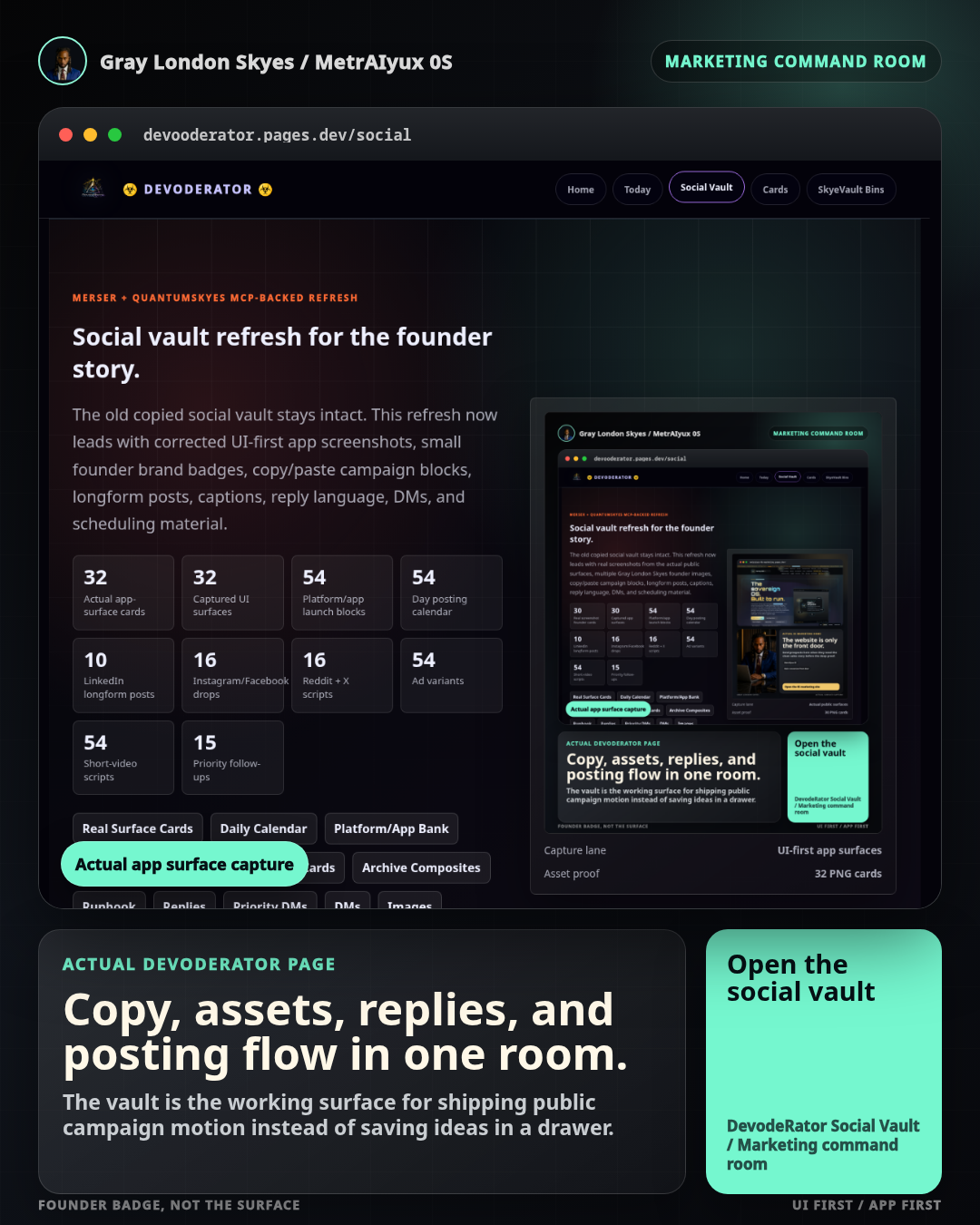 DevodeRator Social Vault actual app surface social card